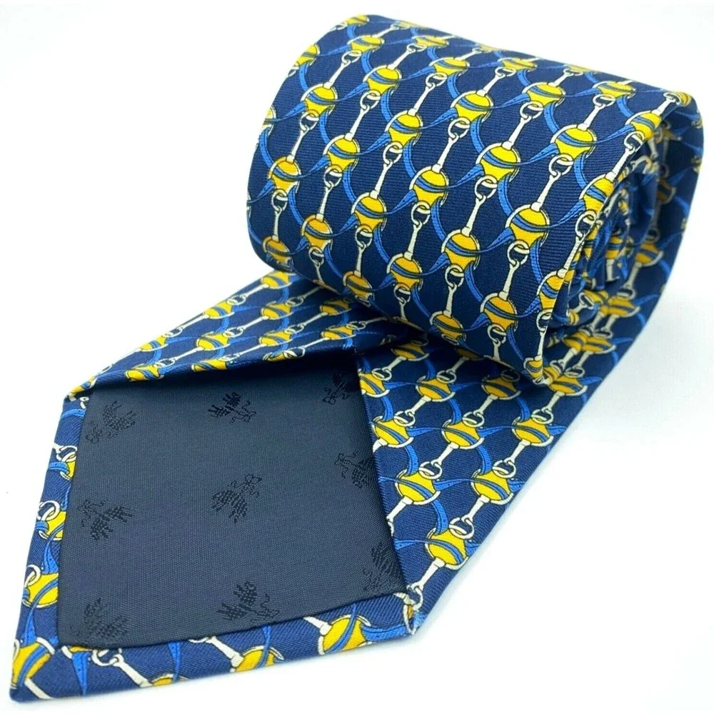 BROOKS BROTHERS MAKERS All Silk Equestrian Motif Blue Yellow Necktie Made in USA